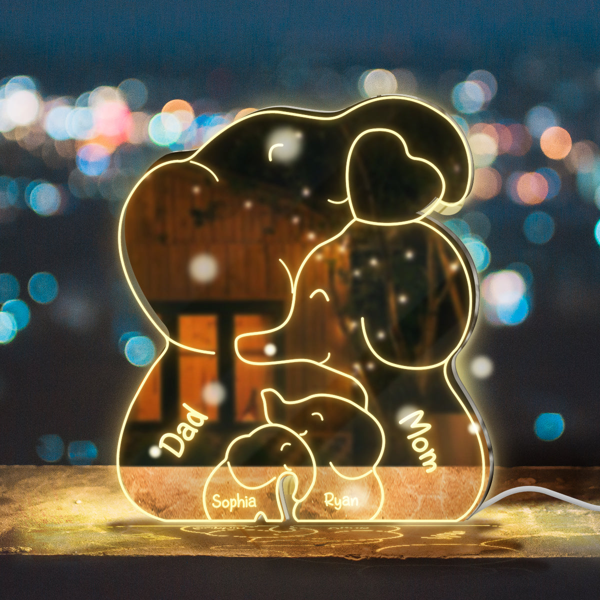 Famille Éléphants - Miroir Lumineux Personnalisé pour la Famille 