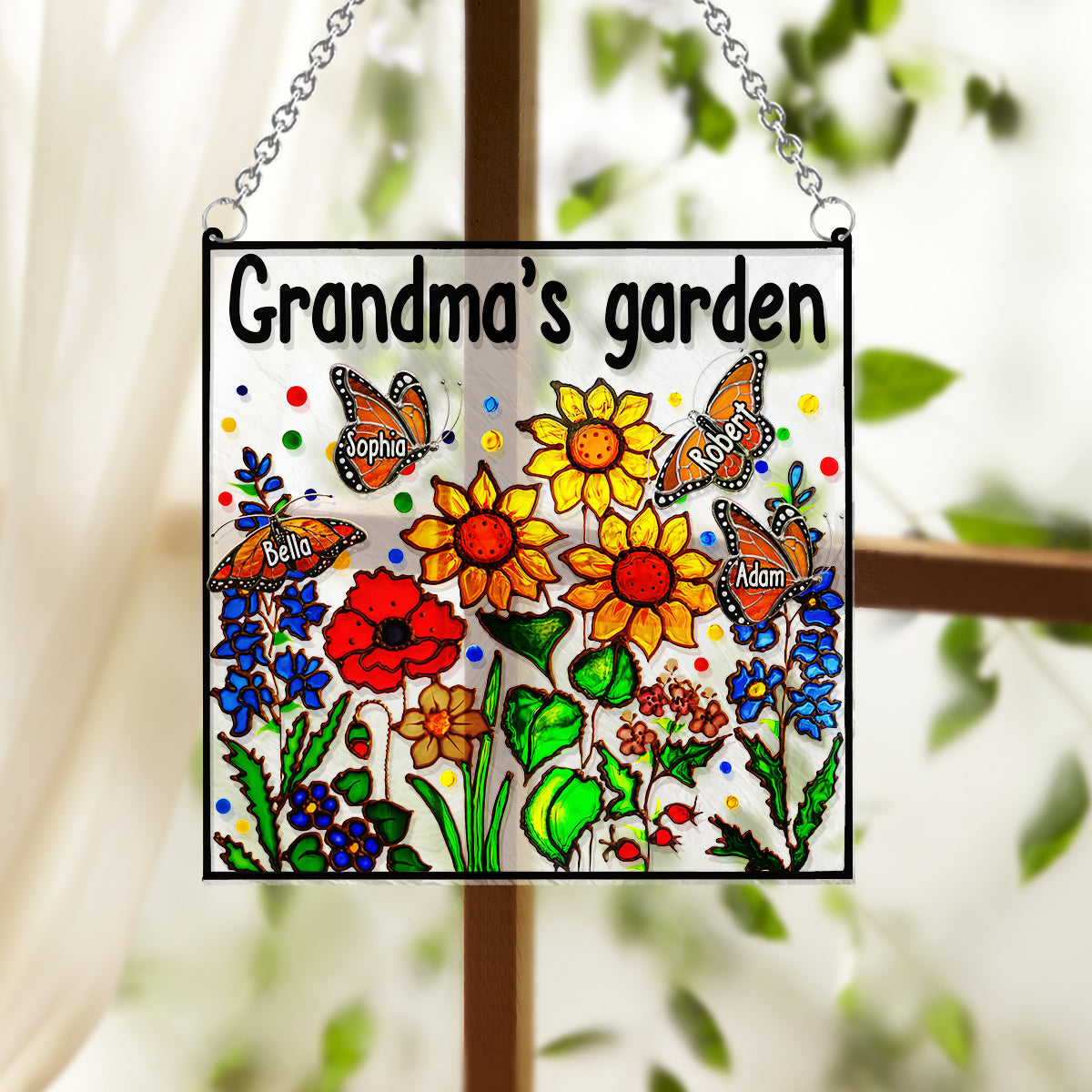 Grandma's Garden With Butterfly - Personalized Grandma Window Hanging Suncatcher Ornament
