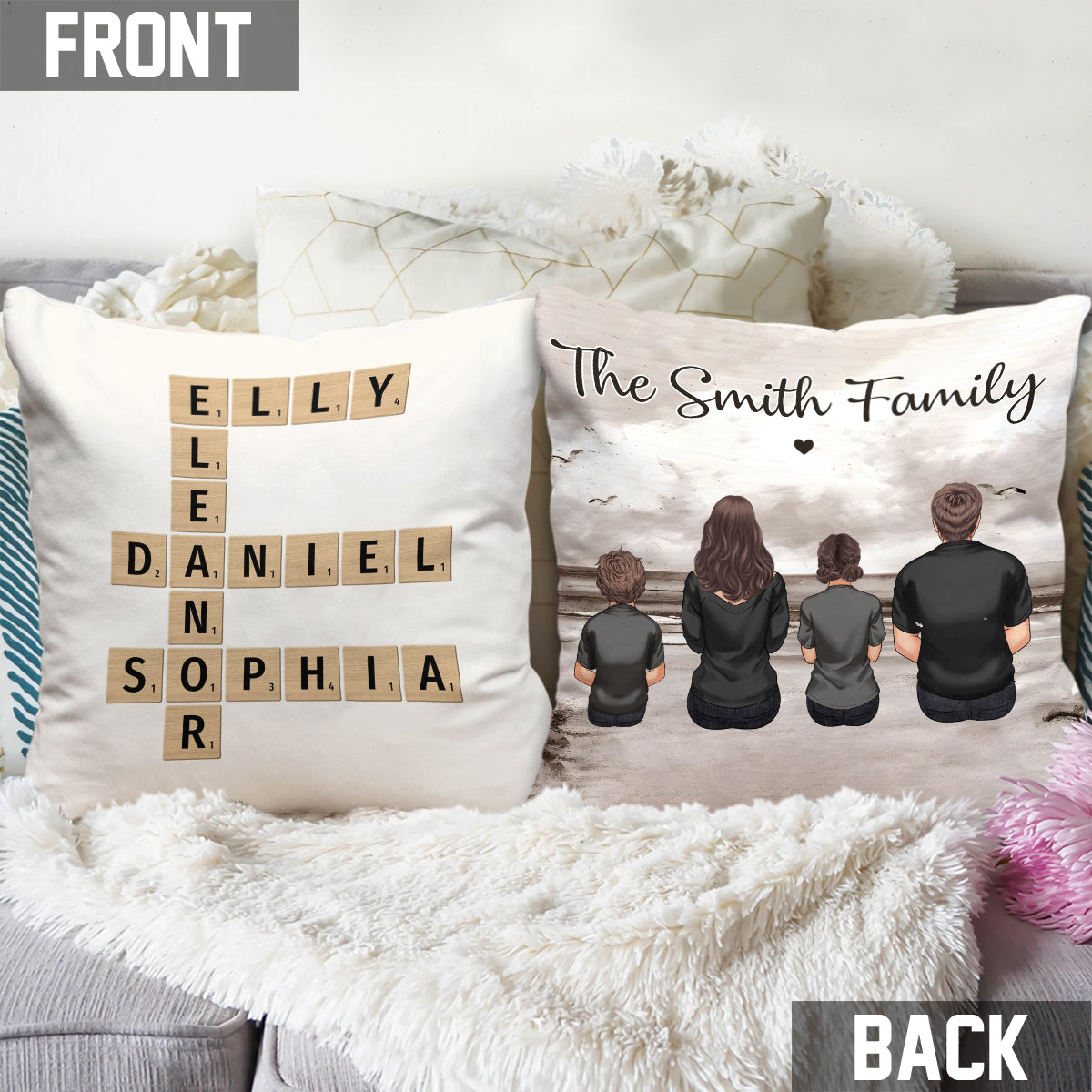 Coussin décoratif familial personnalisé avec mots croisés
