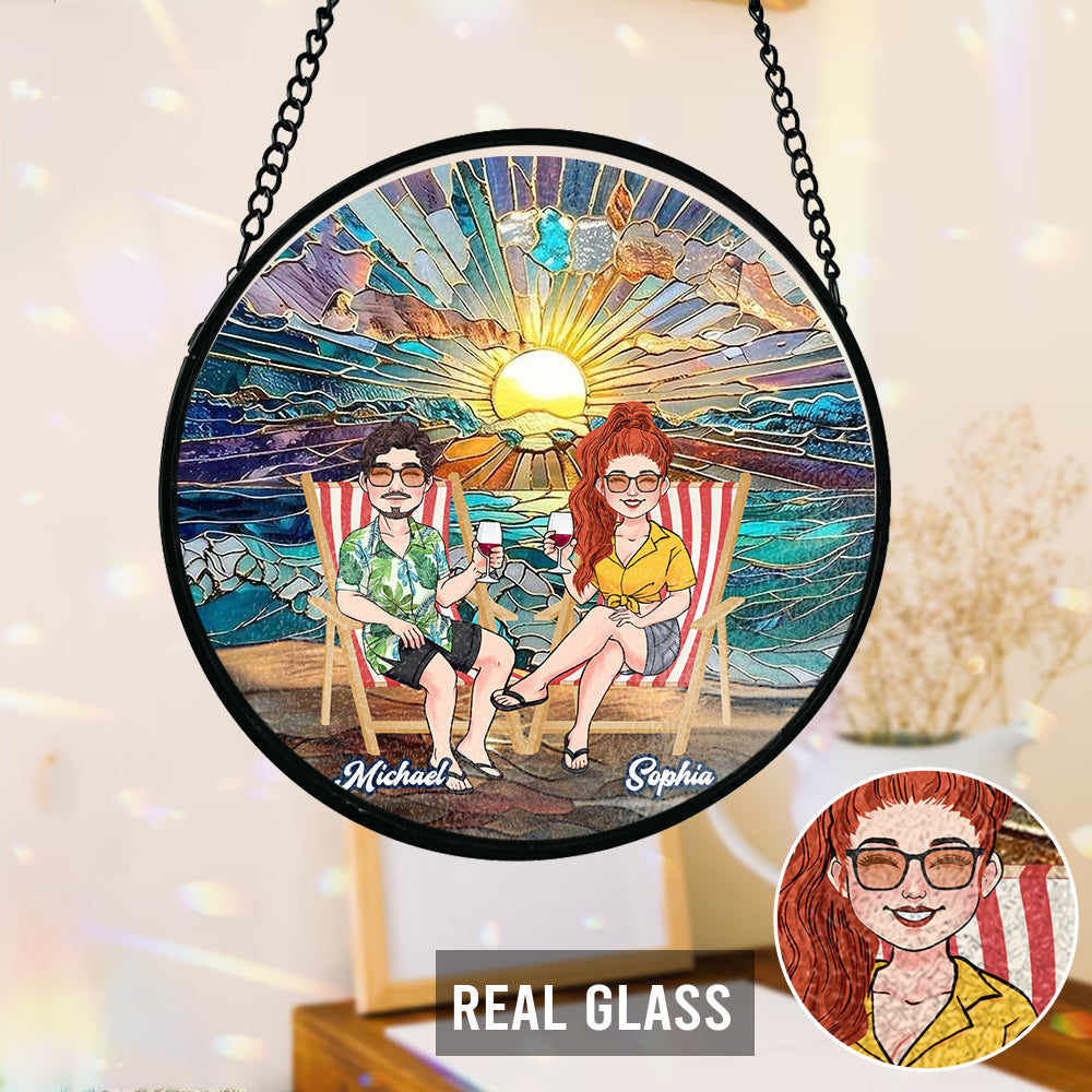 Happy Couple Enjoying Romantic Beach - Personalized Couple Stained Glass Suncatcher