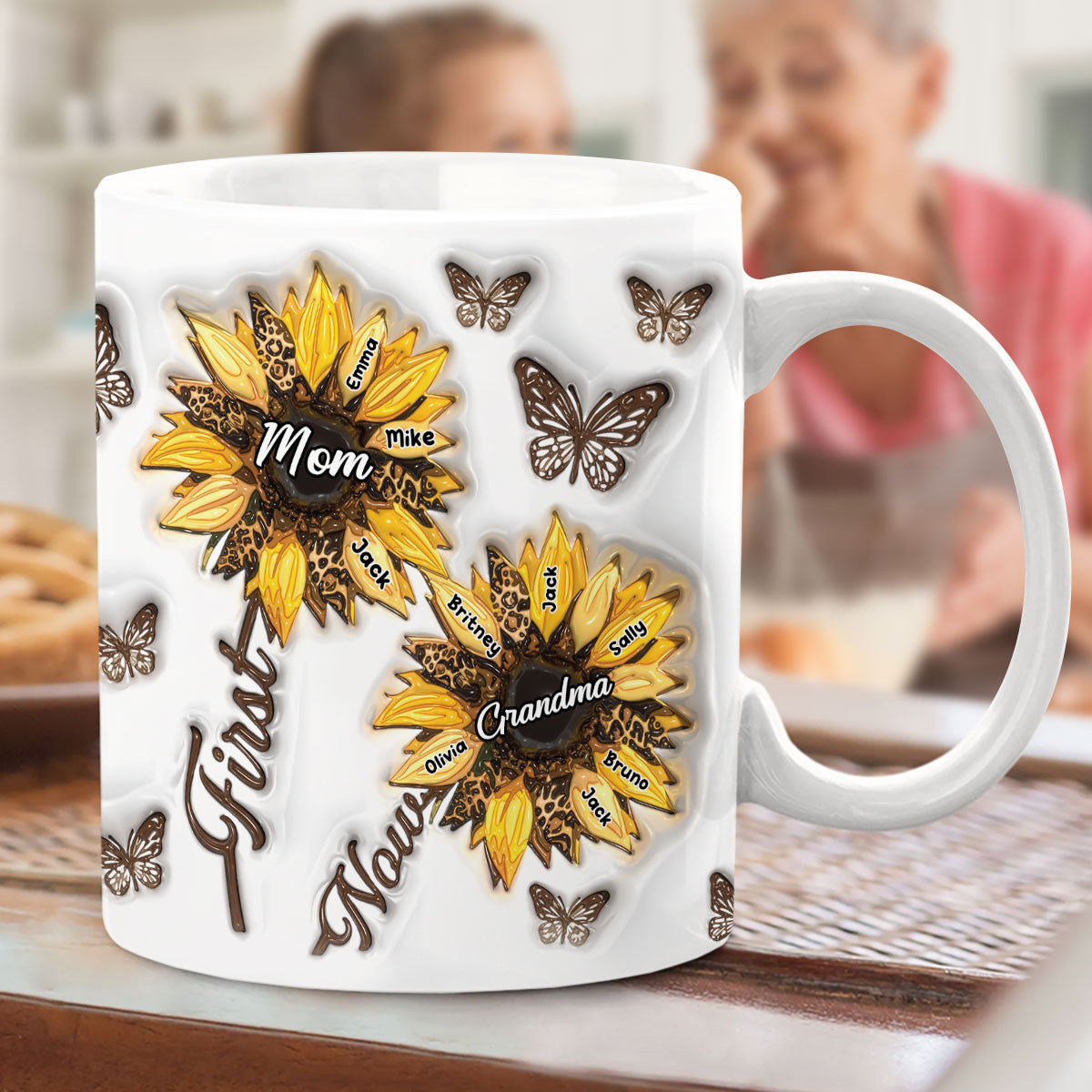 First Mom Now Grandma Sunflower Inflated - Personalized Grandma Mug