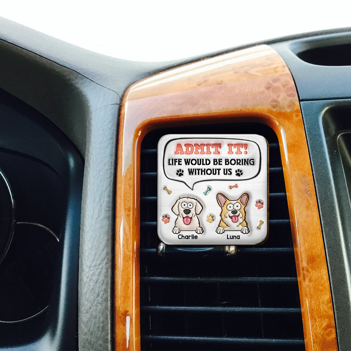 Ohne mich wäre das Leben langweilig – personalisierter Auto-Sonnenblendenclip in Hundeform