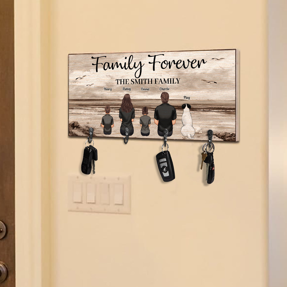 Porte-clés familial personnalisé « Family Forever Beach Landscape Vintage Version »