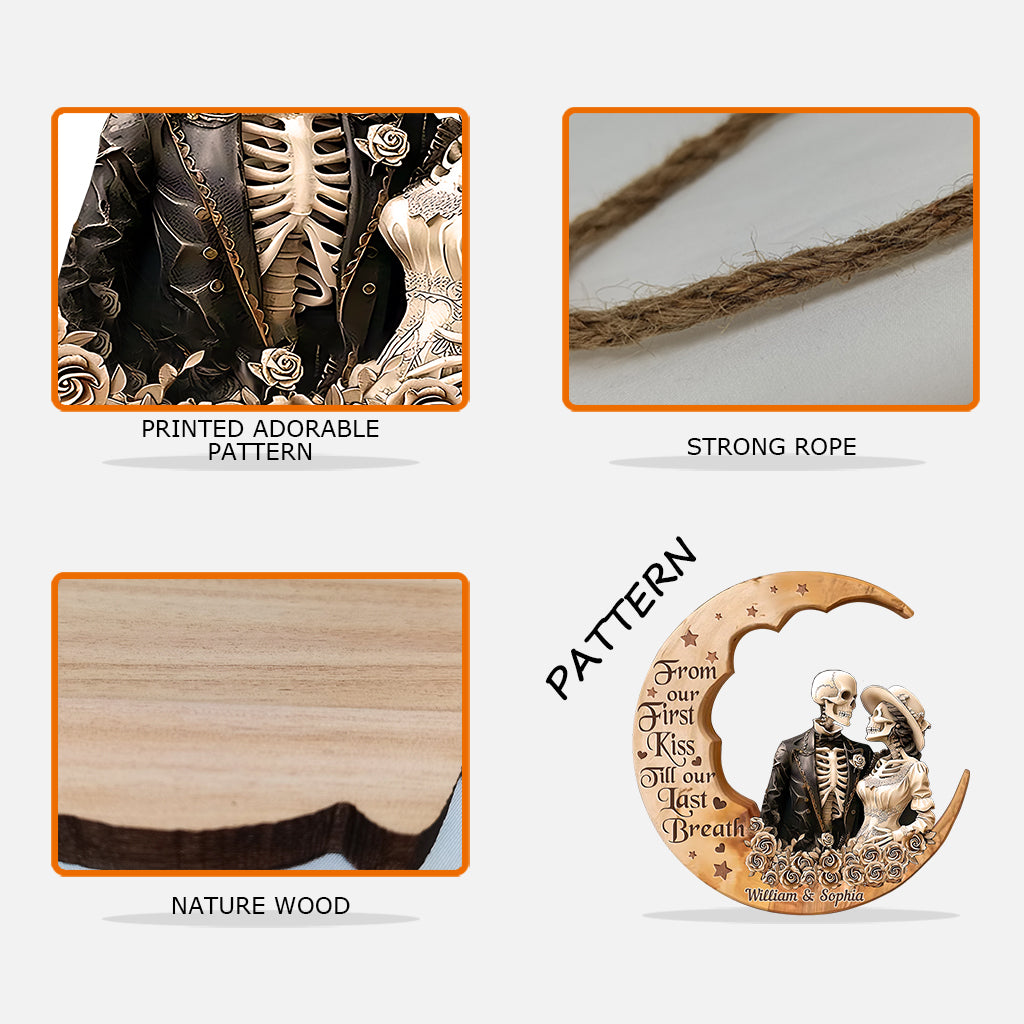 Von unserem ersten Kuss – personalisiertes Totenkopf-Holzschild in individueller Form