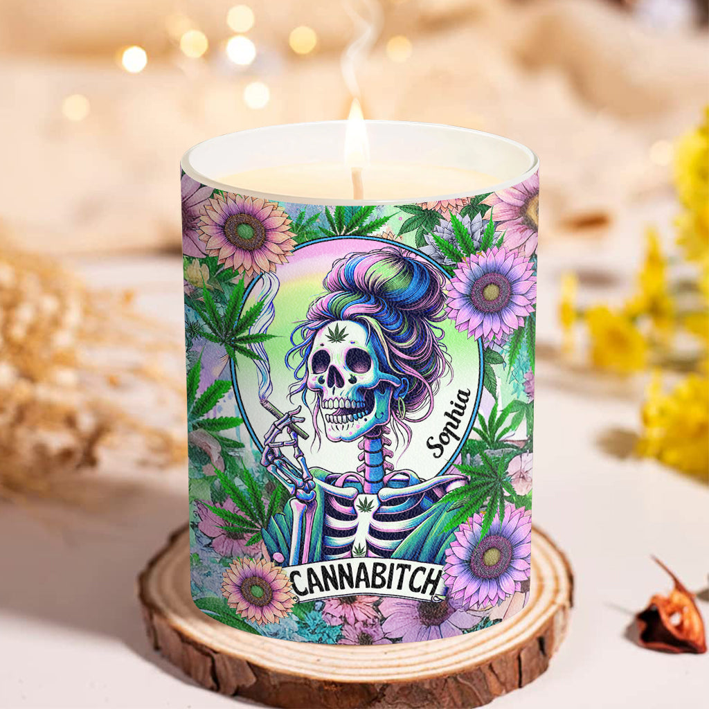 Cannabitch - Bougie personnalisée au cannabis avec couvercle en bois