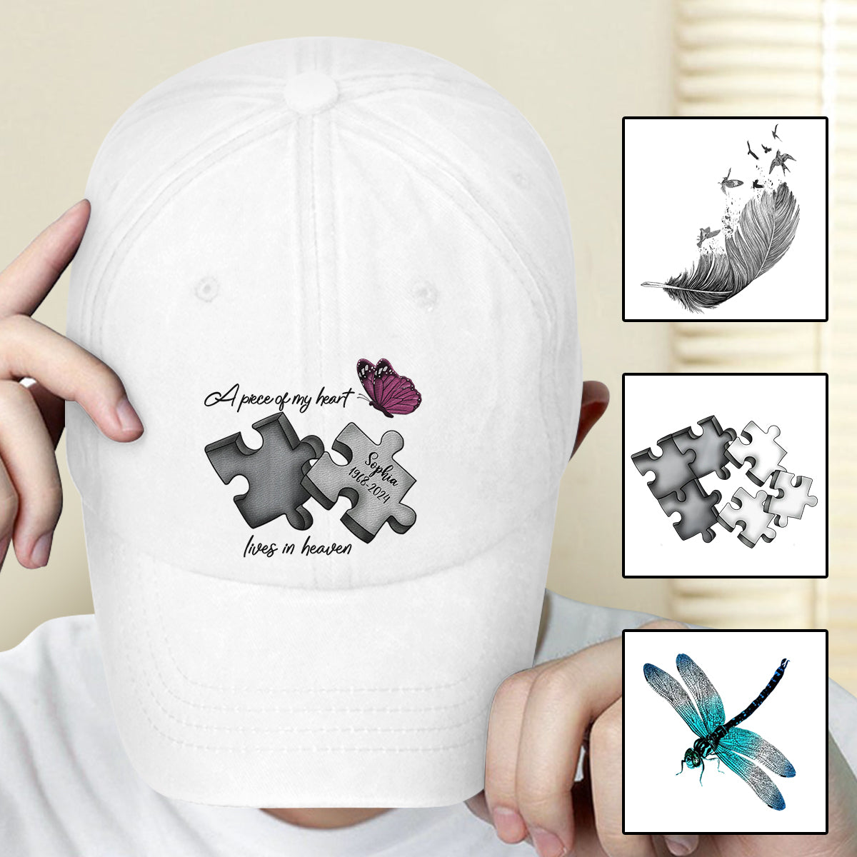 Memorial Butterfly Dragonfly Heaven Feather - Personalized Memorial Embroidered Classic Cap