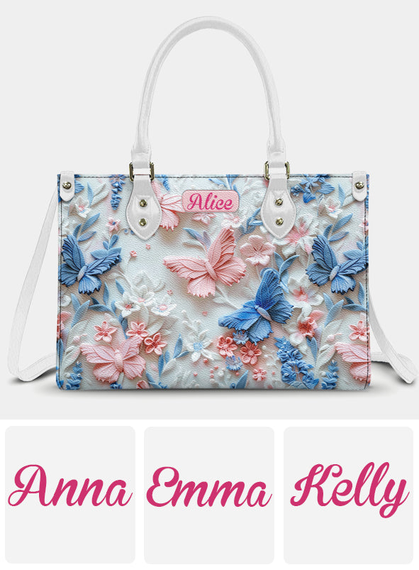 Sac à main en cuir personnalisé avec papillons roses et bleus
