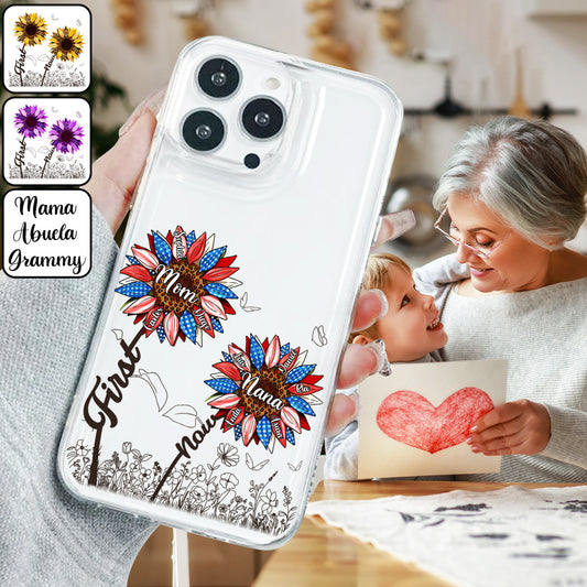Première maman, maintenant grand-mère - Version Tournesol - Coque de téléphone transparente personnalisée pour grand-mère