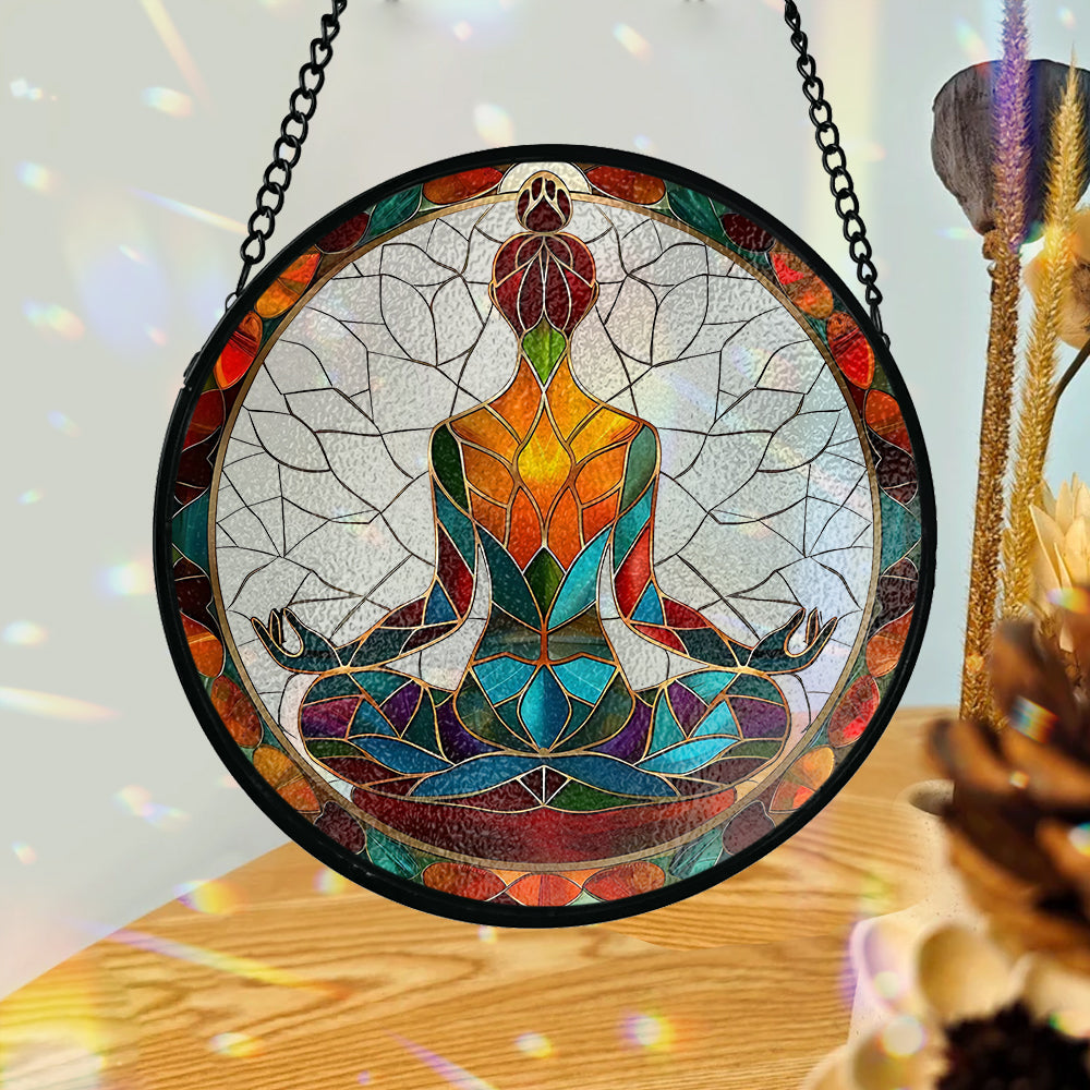 Siddhasana Achtsamkeit – Personalisierter Yoga-Glasfenster-Sonnenfänger