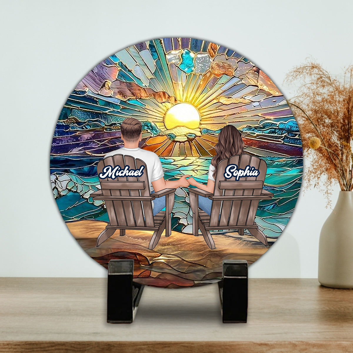 Happy Couple Enjoying Romantic Beach - Personalized Couple Round Shaped Stone