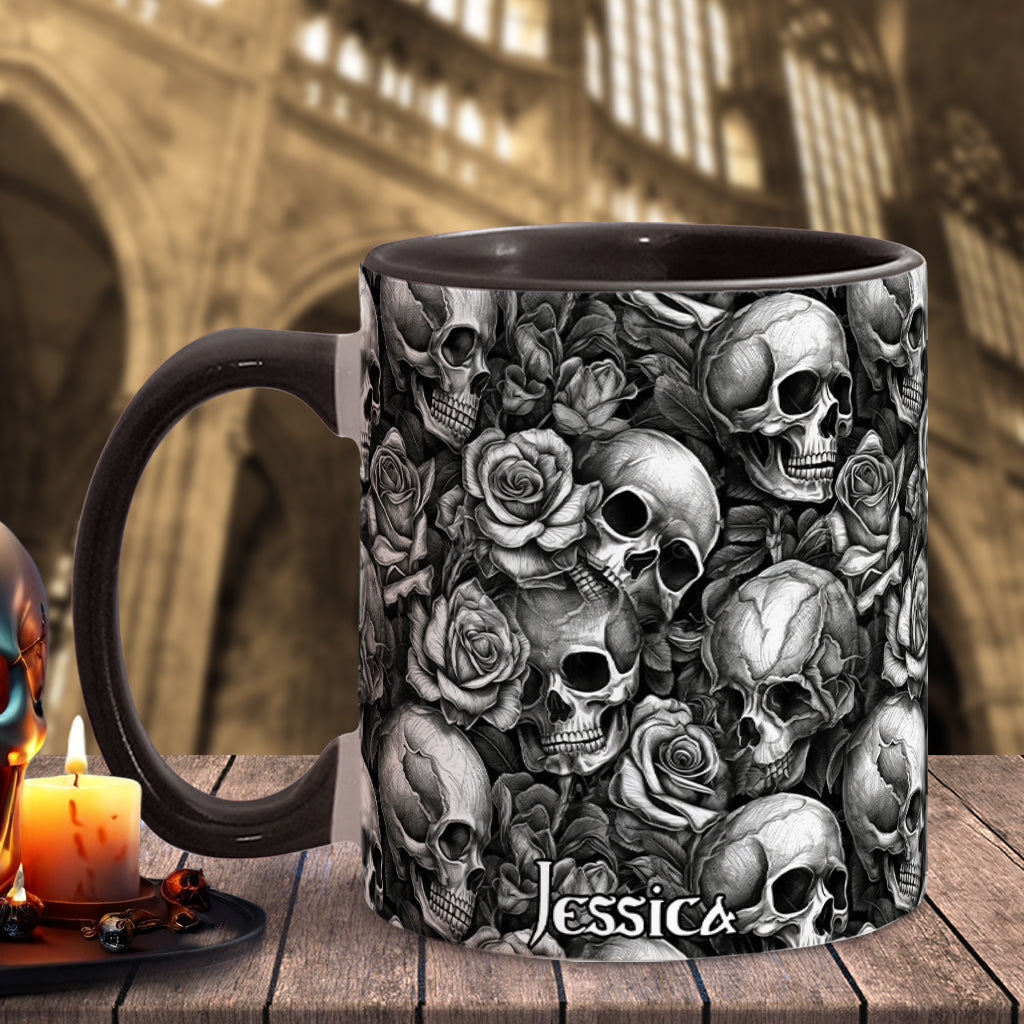 Skull Roses Black And White - Personalized Skull Accent Mug