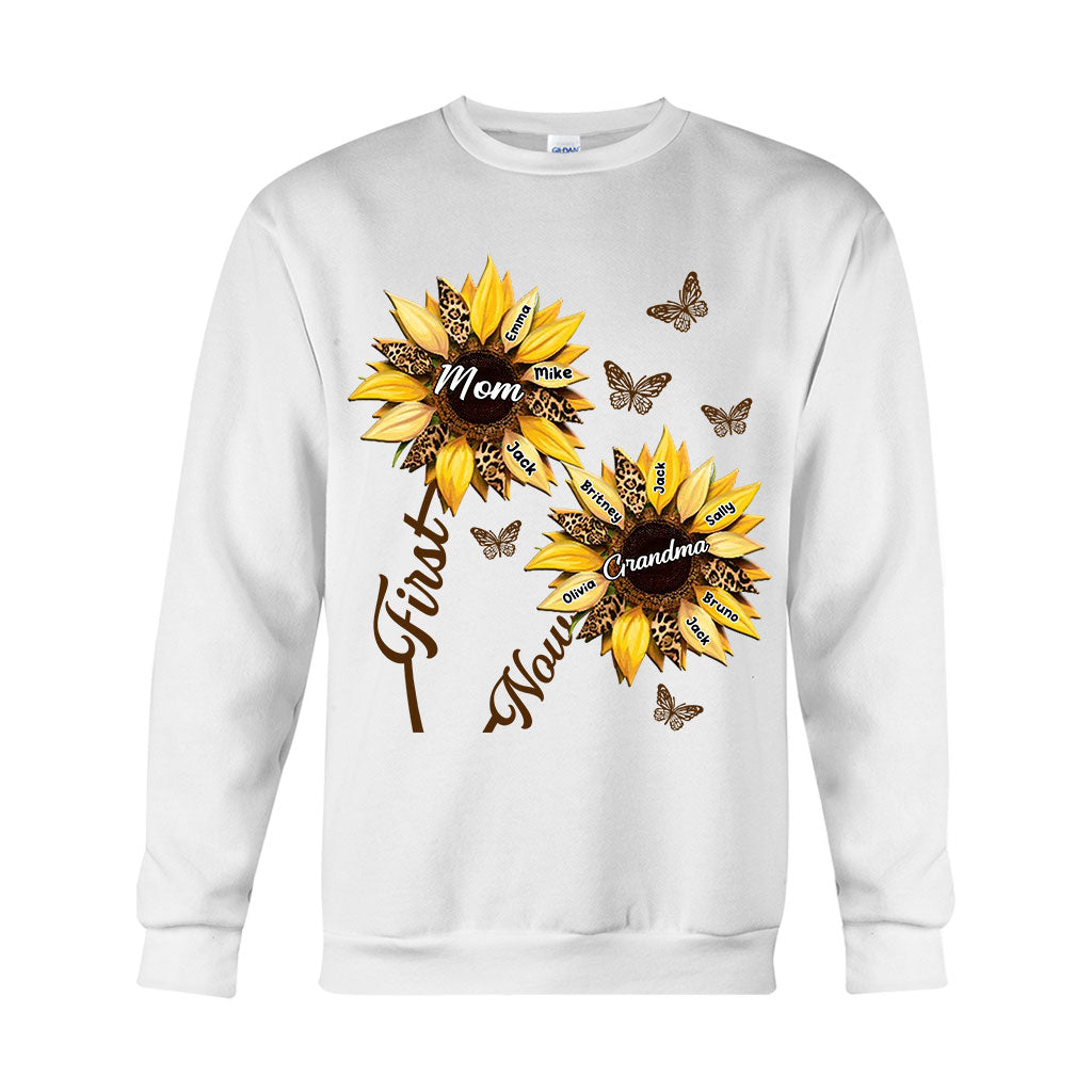 First Mom Now Grandma Sunflower - Personalized Grandma T-shirt And Hoodie