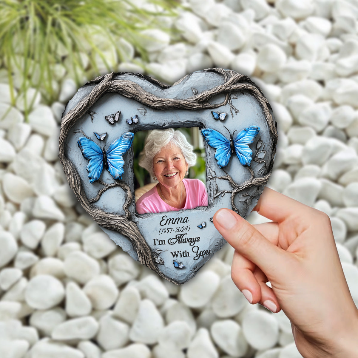 In Loving Memory Blue Butterfly - Personalized Memorial Heart Shaped Stone