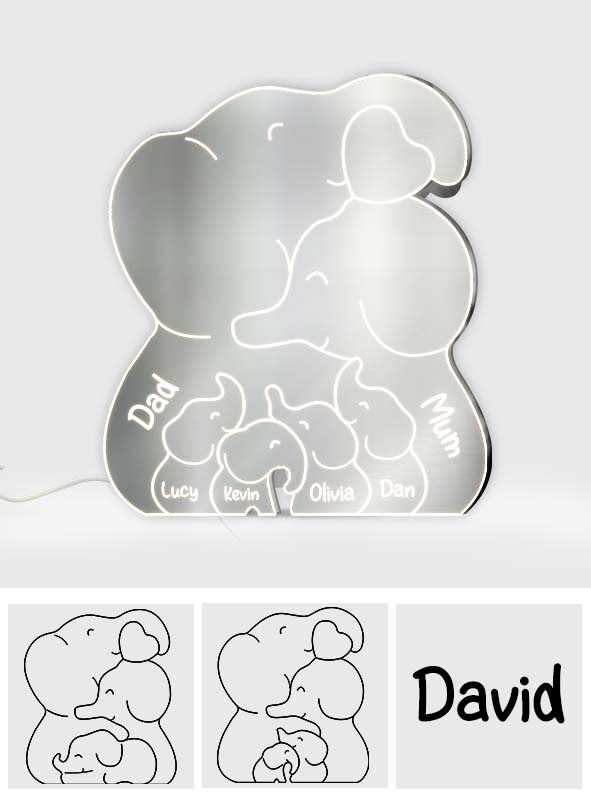 Famille Éléphants - Miroir Lumineux Personnalisé pour la Famille 