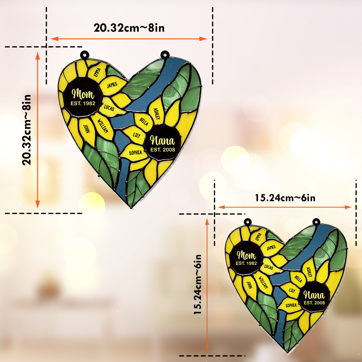 Mom Grandma Green Heart Sunflower - Personalized Grandma Window Hanging Suncatcher Ornament