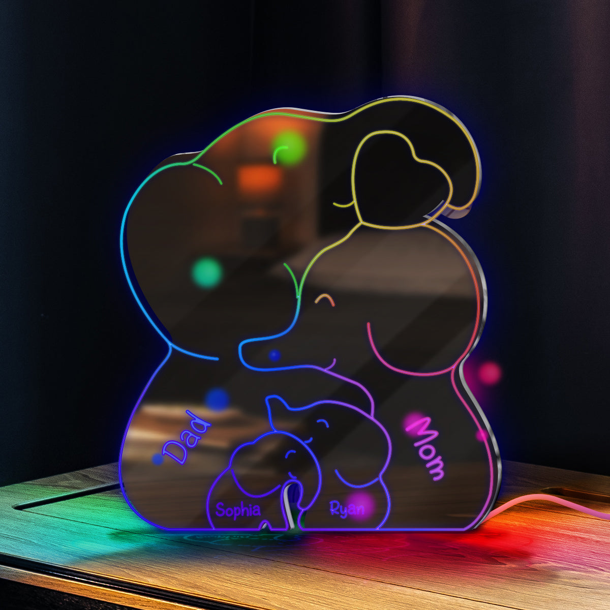 Famille Éléphants - Miroir Lumineux Personnalisé pour la Famille 
