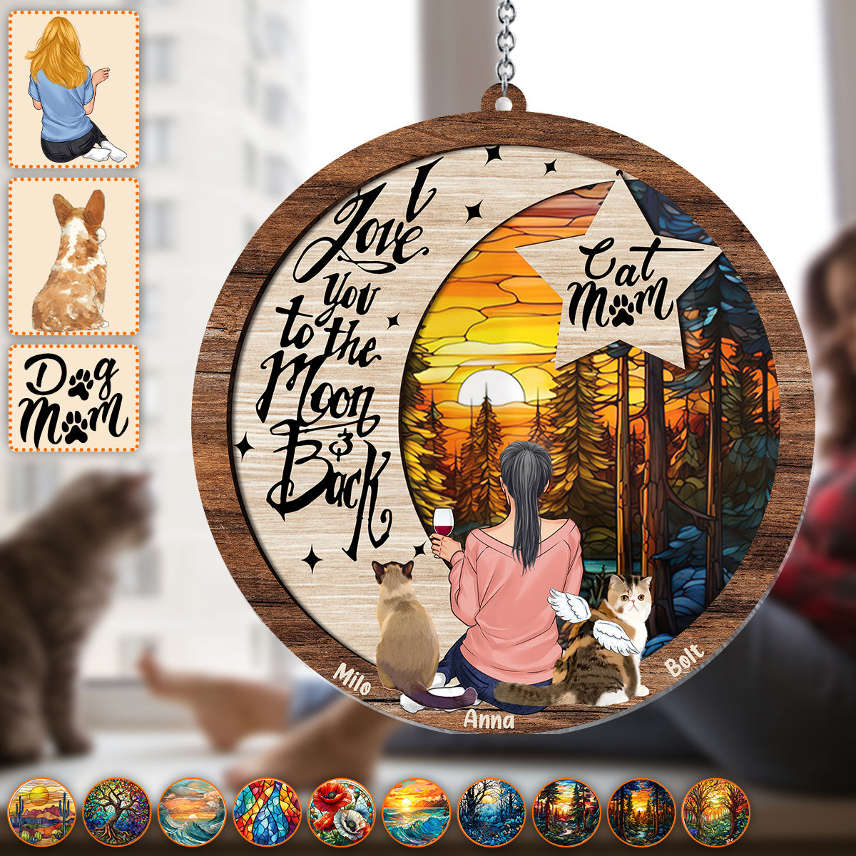 Je t'aime jusqu'à la lune et retour - Cadeau pour les amoureux des chiens et des chats, ou pour ceux qui ont perdu leur animal - Attrape-soleil personnalisé à suspendre à la fenêtre 