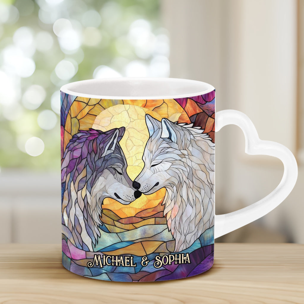 Wolf He Keeps Me Safe She Keeps Me Wild - Personalized Couple Heart Handle Mug