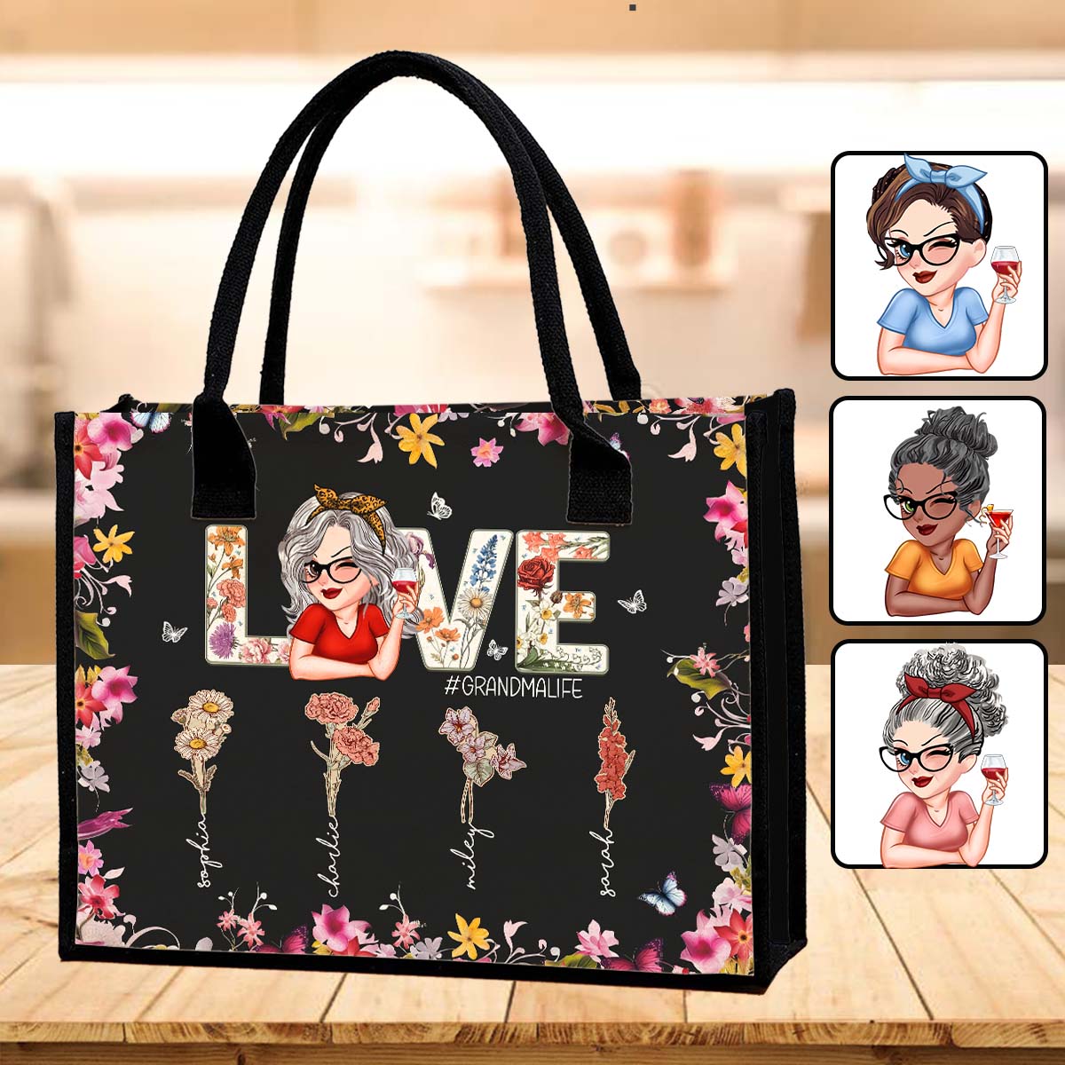 Love Grandma Mom Life - Personalized Grandma Canvas Tote Bag