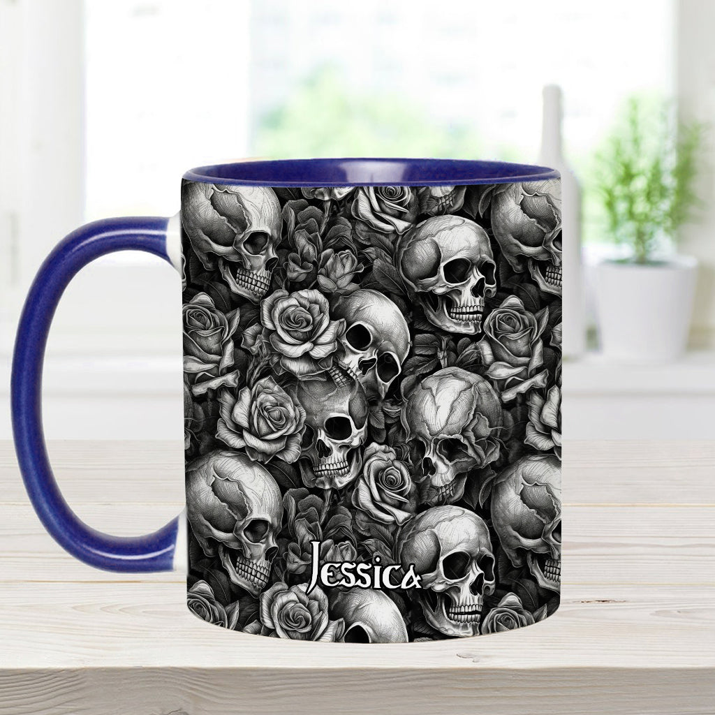 Skull Roses Black And White - Personalized Skull Accent Mug