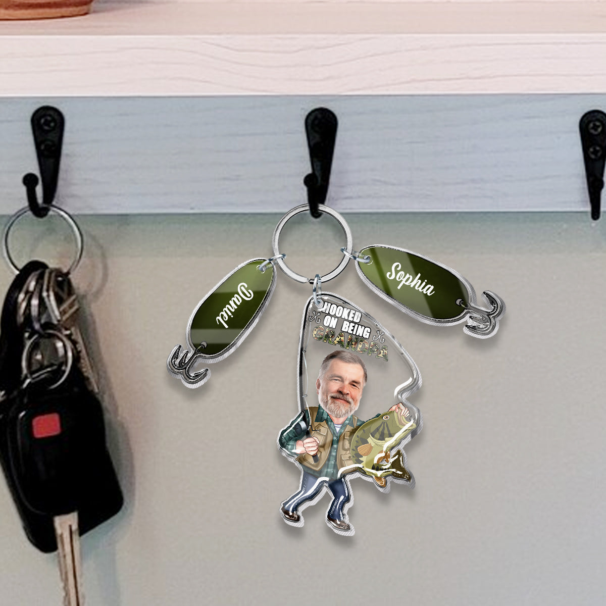 Hooked On Being Grandpa Any Title - Personalized Father Keychain with Charms