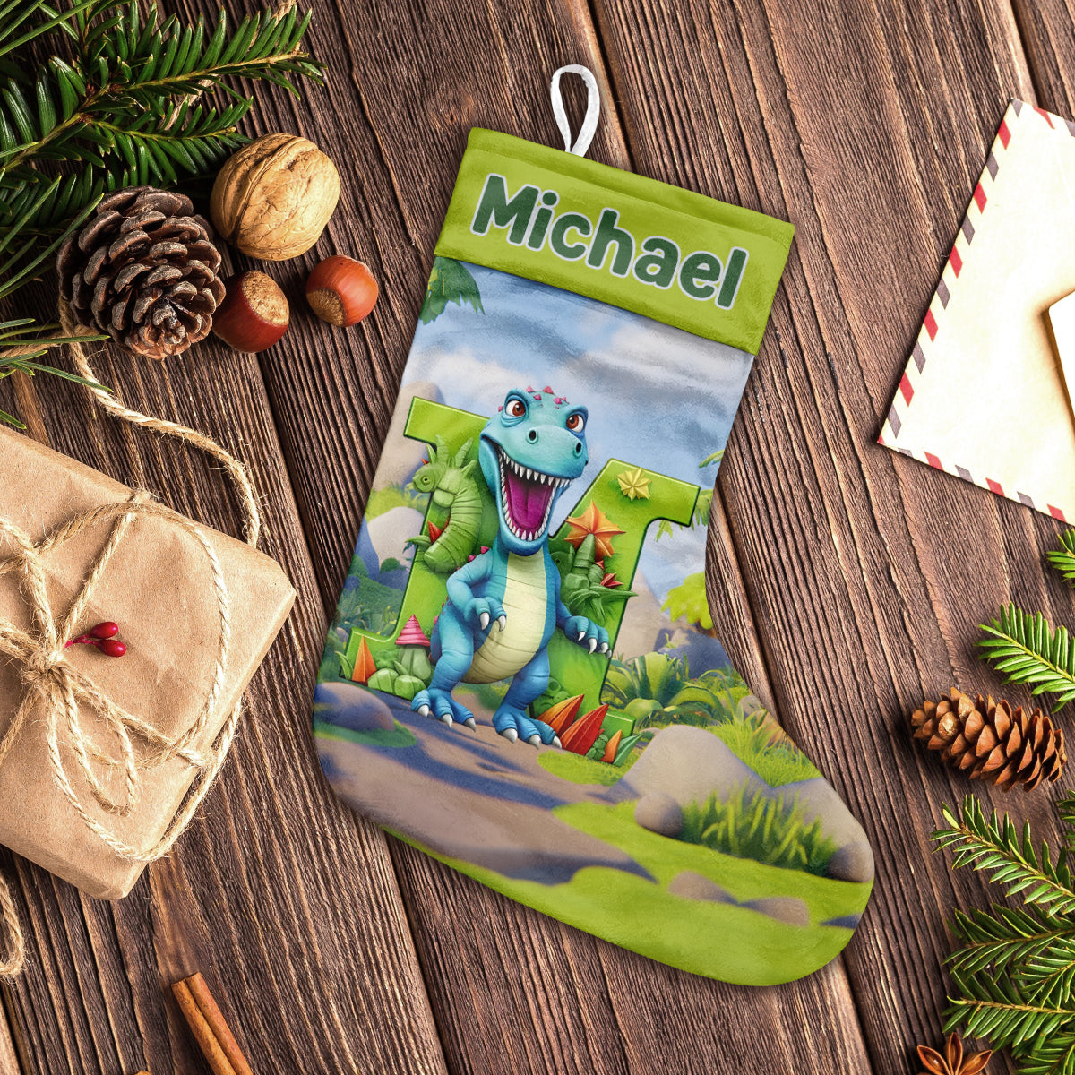 Alphabet des dinosaures - Chaussettes de Noël personnalisées pour enfants