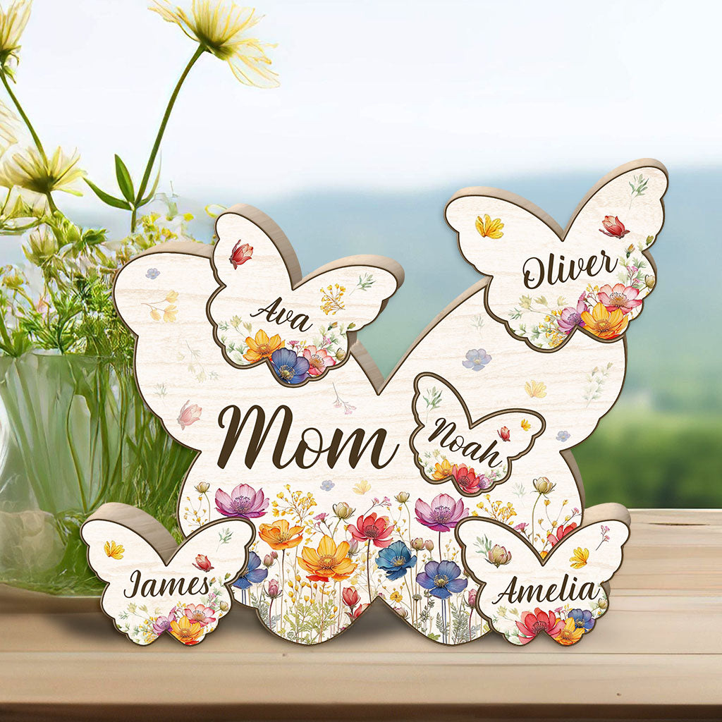 Mom Butterly Wild Flowers - Personalized Mother Shaped Wooden Puzzle