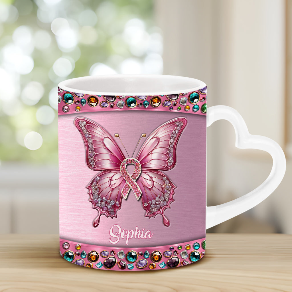 Foi, Espoir, Amour - Mug personnalisé avec anse en forme de cœur pour la sensibilisation au cancer du sein