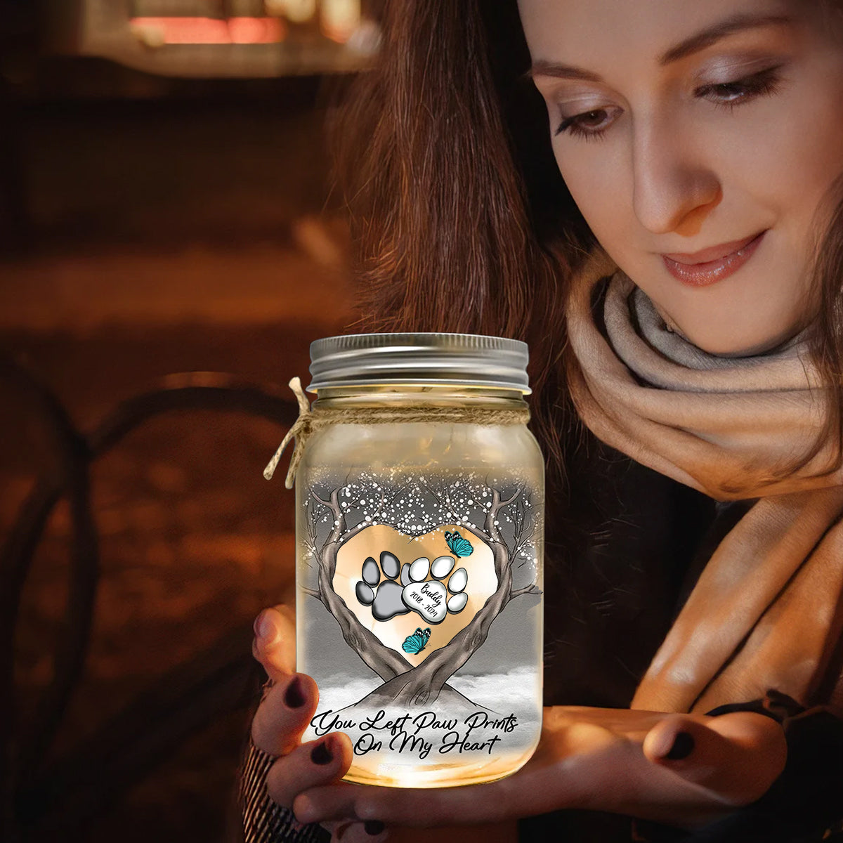 You Left Paw Prints On My Heart - Personalized Dog Mason Jar Light