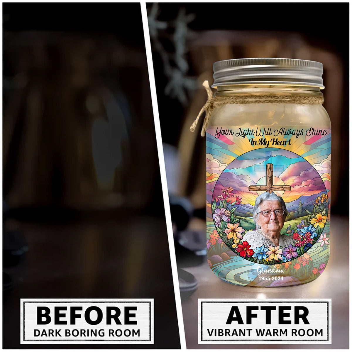 Your Light Will Always Shine In My Heart - Personalized Memorial Mason Jar Light