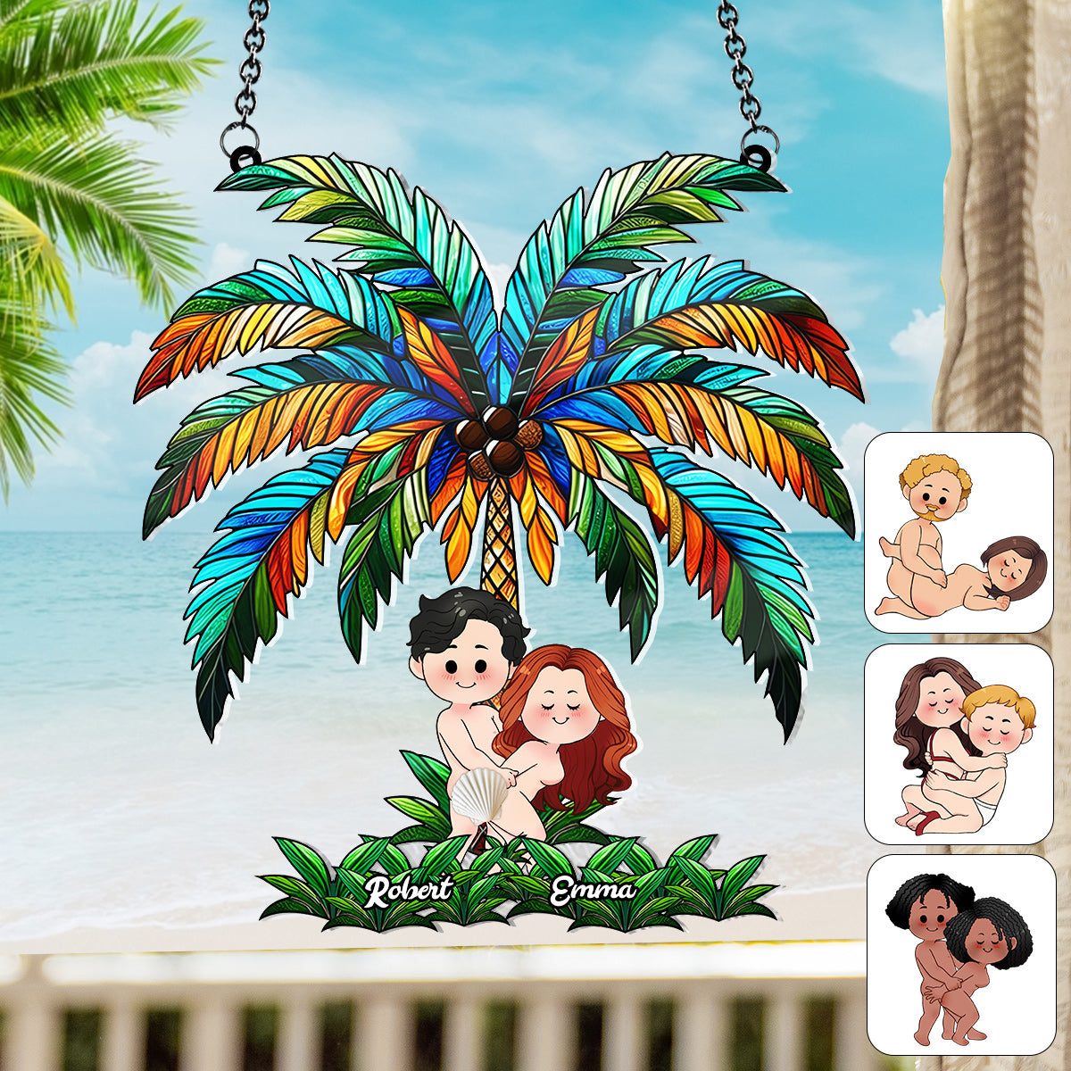 Funny Couple Under The Palm Tree - Personalized Couple Window Hanging Suncatcher Ornament