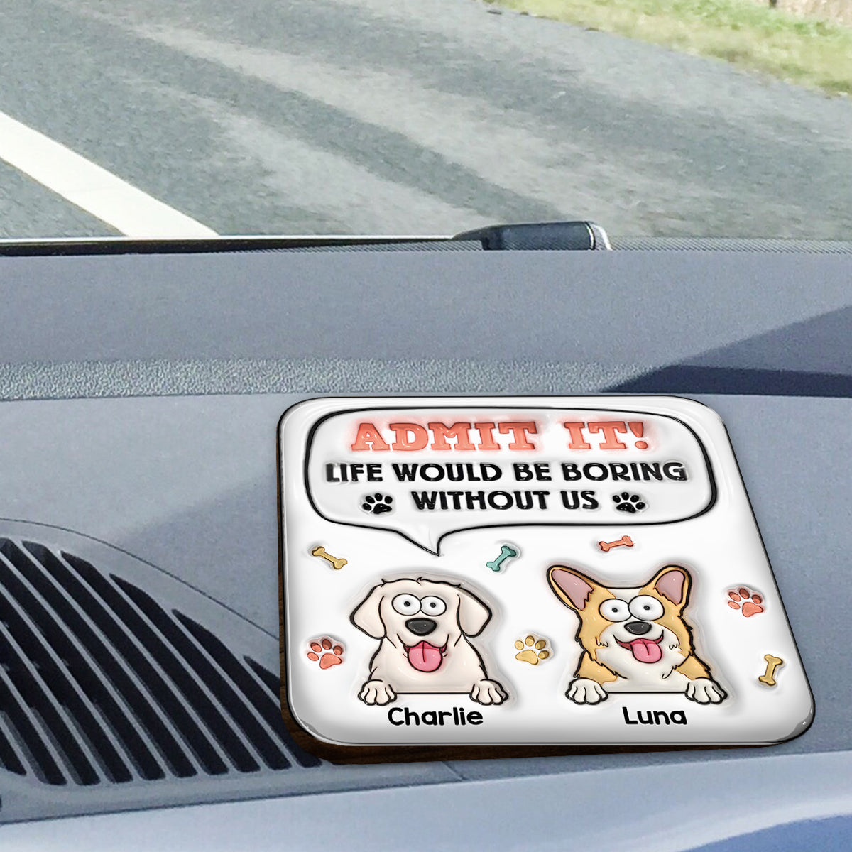 Ohne mich wäre das Leben langweilig – personalisierter Auto-Sonnenblendenclip in Hundeform