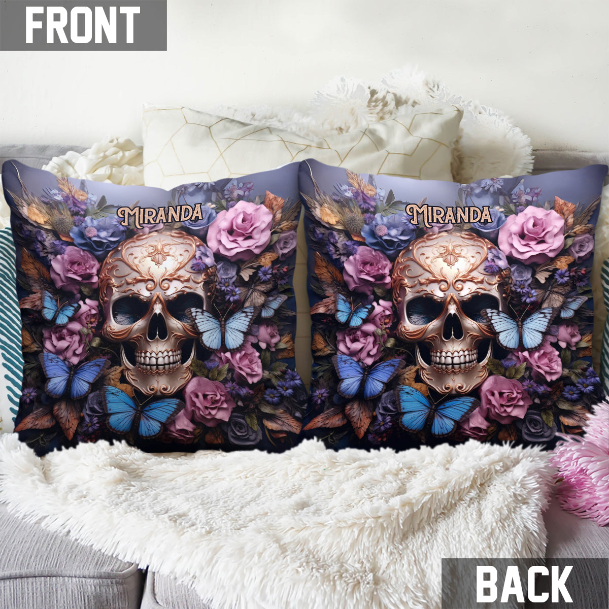 Beauty Of The Dark Skull Roses Butterflies - Personalized Skull Throw Pillow