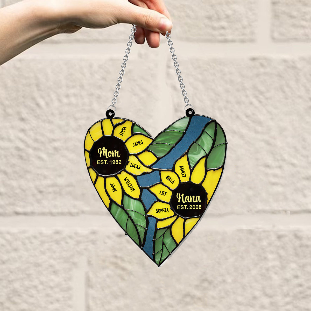 Mom Grandma Green Heart Sunflower - Personalized Grandma Window Hanging Suncatcher Ornament