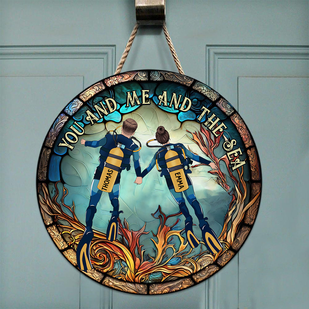 Toi, moi et la mer - Panneau rond en bois personnalisé pour la plongée sous-marine
