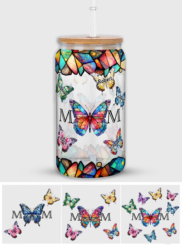 Mom Butterfly Colorful Stained Glass - Personalized Mother Can Glass