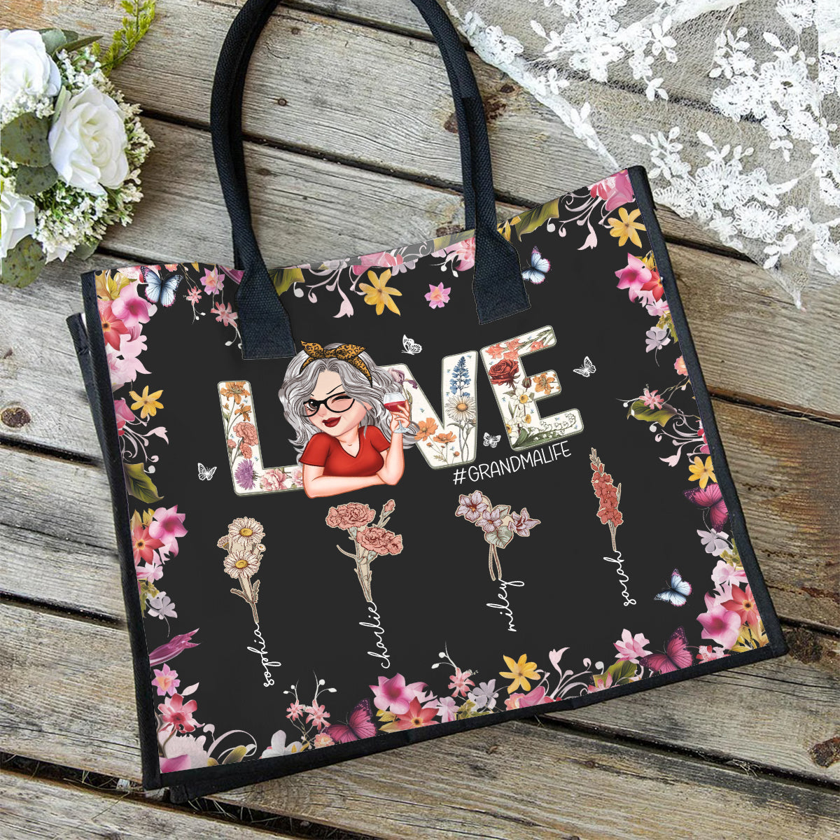 Love Grandma Mom Life - Personalized Grandma Canvas Tote Bag