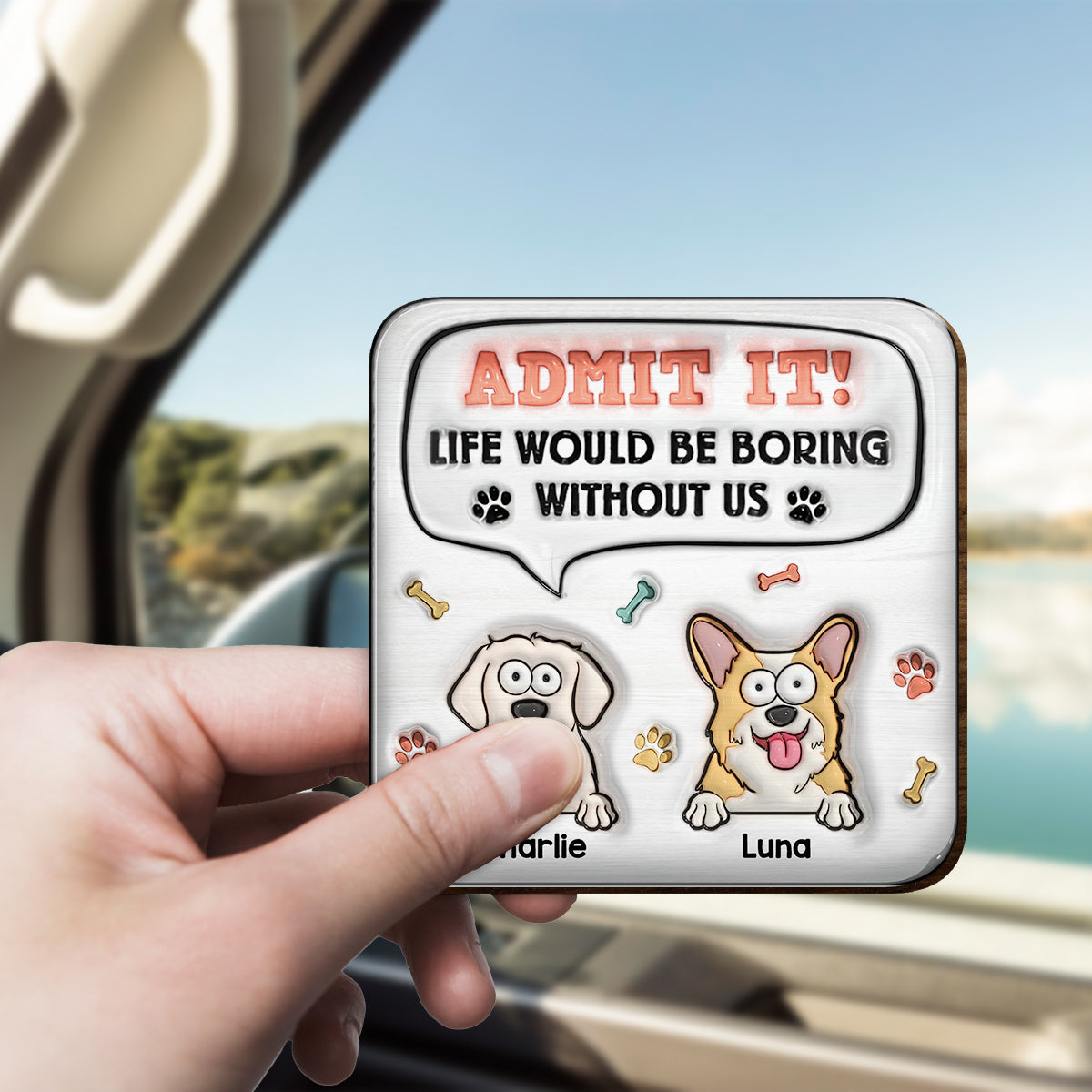 Ohne mich wäre das Leben langweilig – personalisierter Auto-Sonnenblendenclip in Hundeform