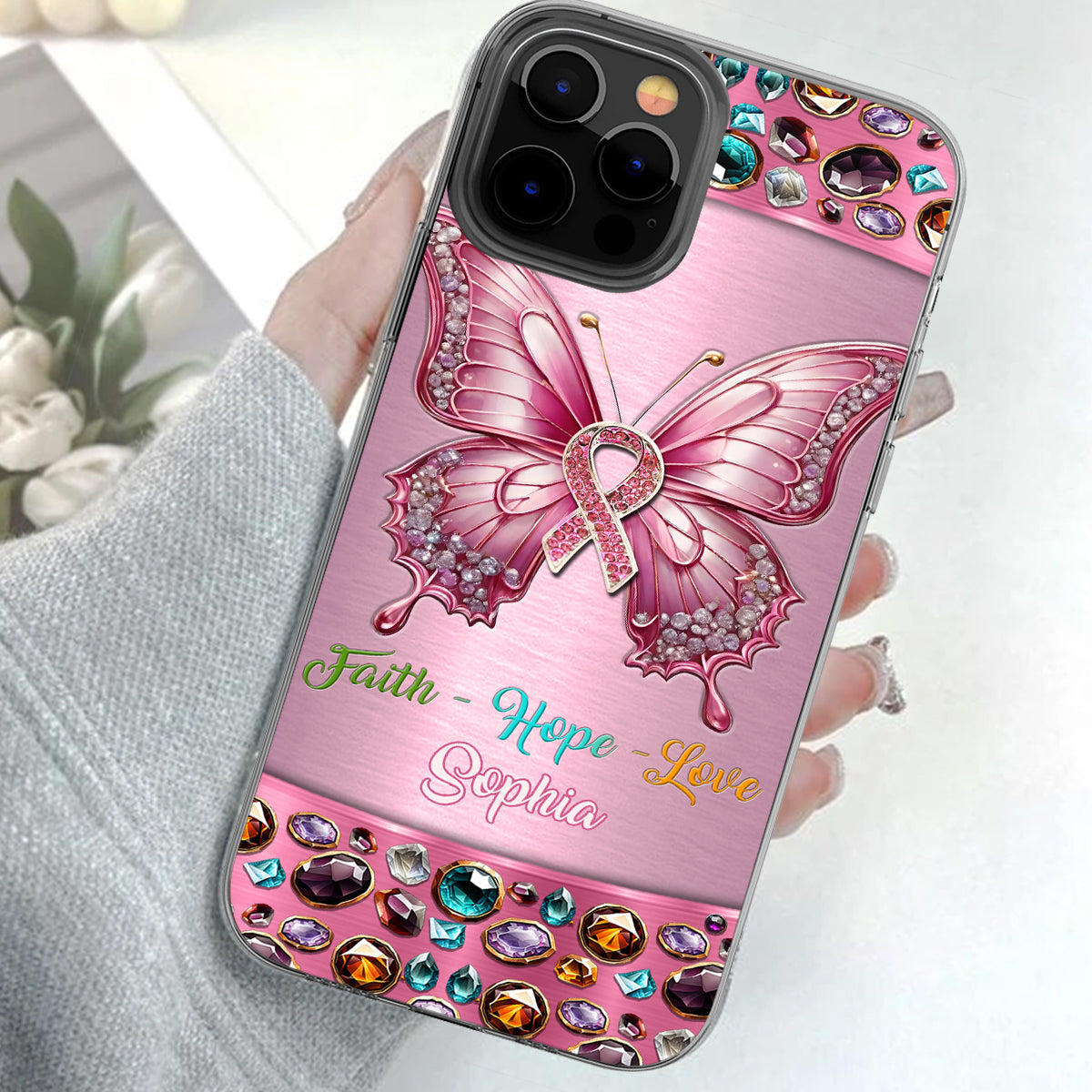 Coque de téléphone transparente personnalisée « Espoir de guérison » pour la sensibilisation au cancer du sein