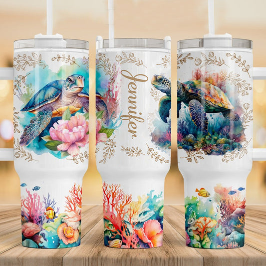 Love Turtles Custom Name - Personalized Turtle Tumbler With Handle