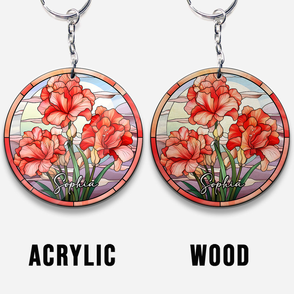 Porte-clés d'anniversaire personnalisé - Fleurs du mois de naissance en vitrail