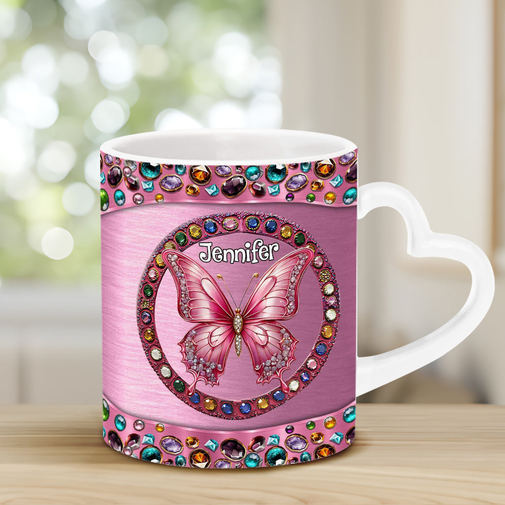 Wunderschöner rosa personalisierter Becher mit Schmetterlingsherzgriff