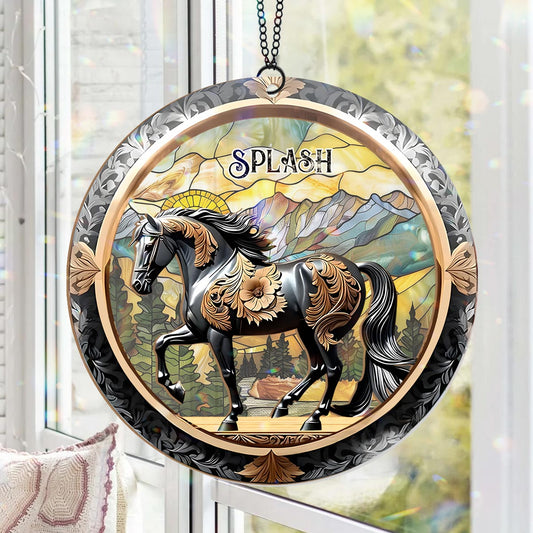 Black Horse In Mountain Sunset - Personalized Horse 2 Layered Window Hanging Suncatcher