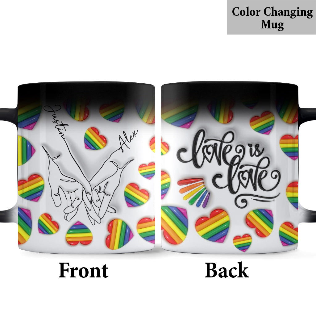 Mug personnalisé « Love Is Love » avec dessin au trait de mains – Soutien à la communauté LGBT