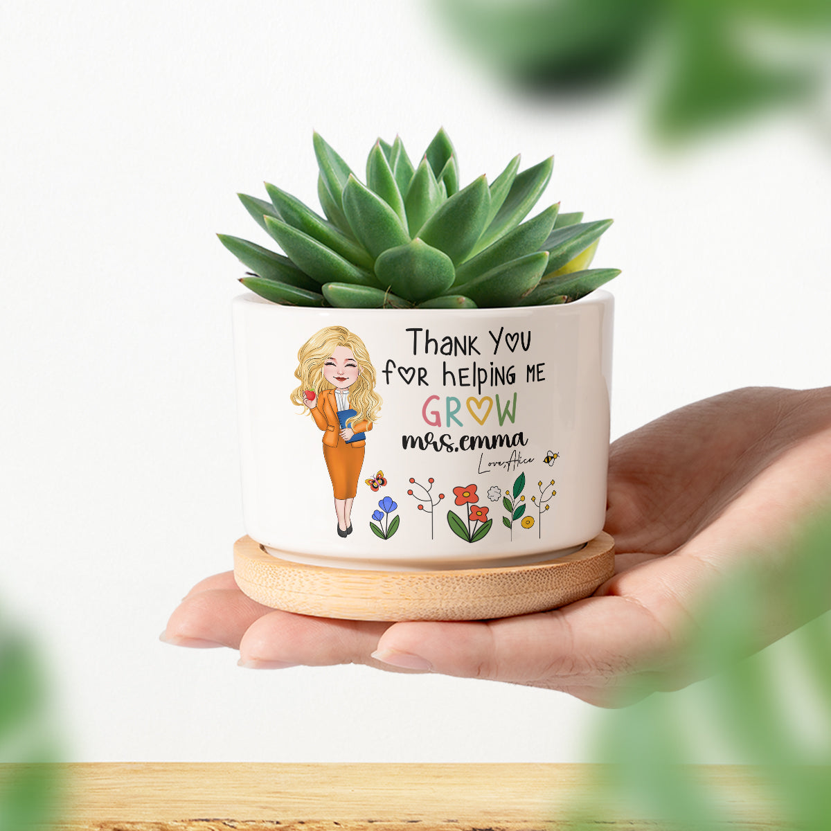 Merci de m'avoir aidé à grandir - Pot de fleurs en céramique personnalisé pour enseignant