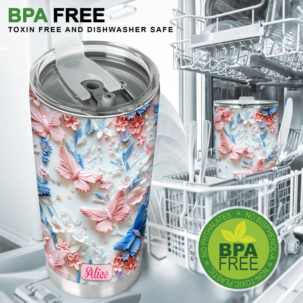 Pink And Blue Butterflies - Personalized Butterfly Tumbler