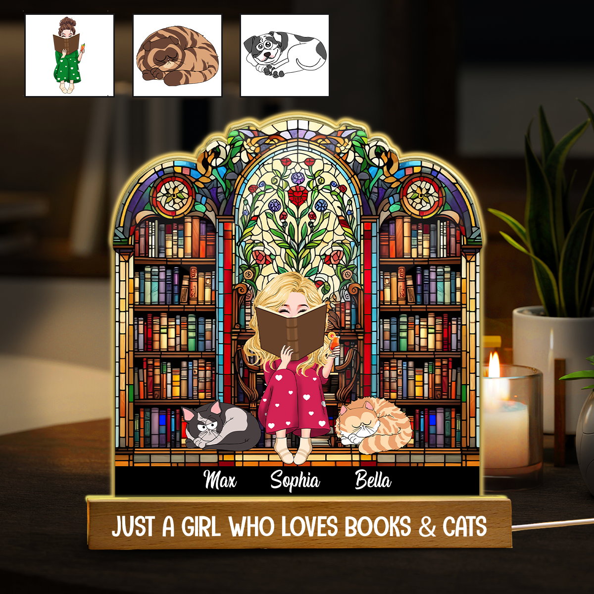 Veilleuse LED personnalisée en forme de livre « Juste une fille qui aime les livres et les animaux »