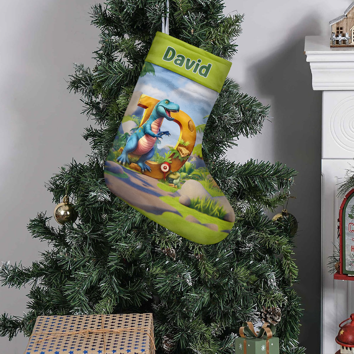 Alphabet des dinosaures - Chaussettes de Noël personnalisées pour enfants