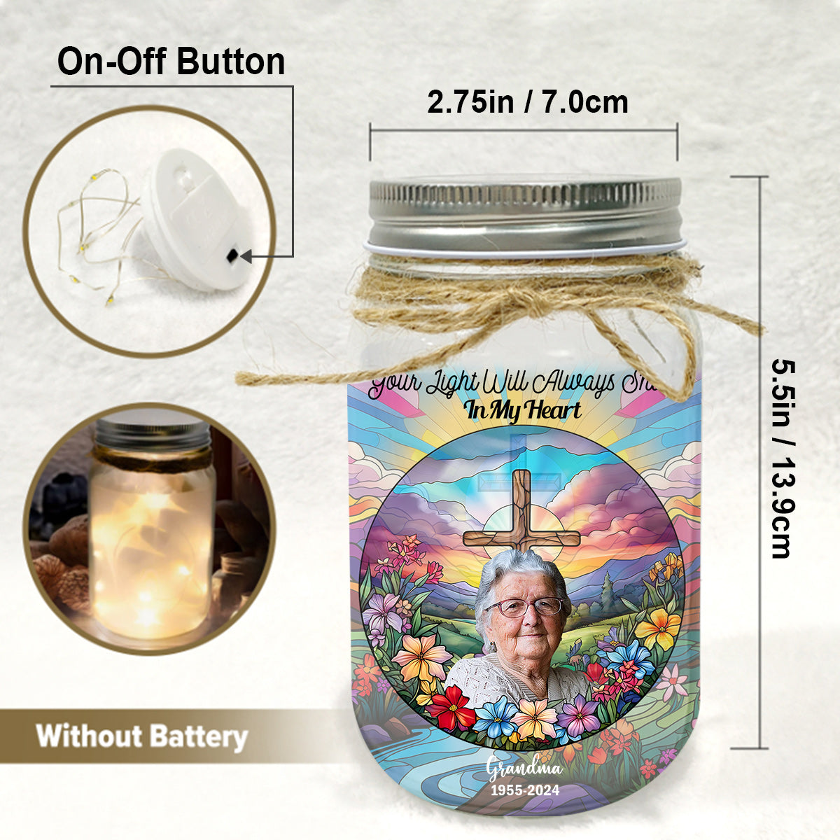 Your Light Will Always Shine In My Heart - Personalized Memorial Mason Jar Light