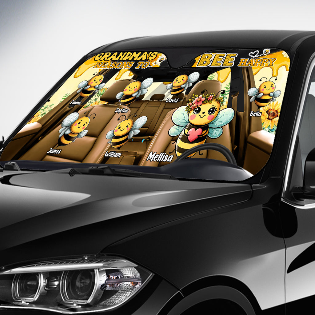 Grandma's Reasons To Bee Happy - Personalized Grandma Car Sunshade
